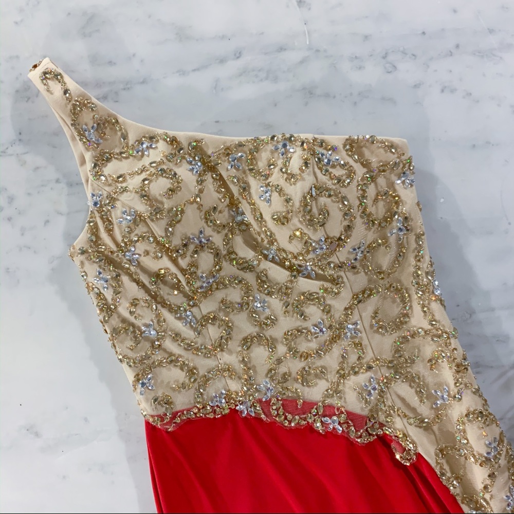 Red Illusion Beaded One Shoulder Evening Gown - Picture 8 of 8